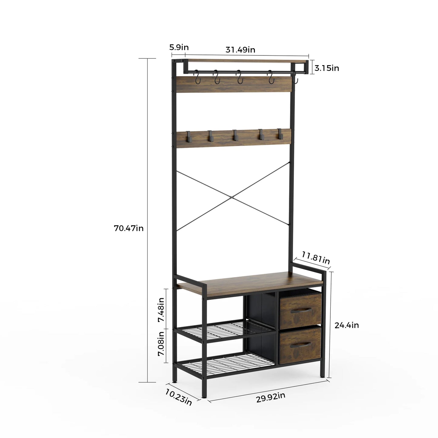 Entryway Hall Tree with Shoe Storage Bench, Coat Hooks, Drawers and Mirror, Rustic Brown-5931996477