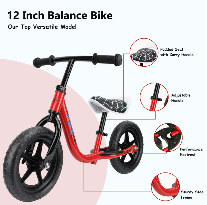 12-Inch Balance Bike No Pedal Lightweight Bike for Boys Girls 1.5 to 4 Years Old, Toddler Bike with Adjustable Seat, Carry Handle