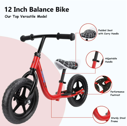 12-Inch Balance Bike No Pedal Lightweight Bike for Boys Girls 1.5 to 4 Years Old, Toddler Bike with Adjustable Seat, Carry Handle