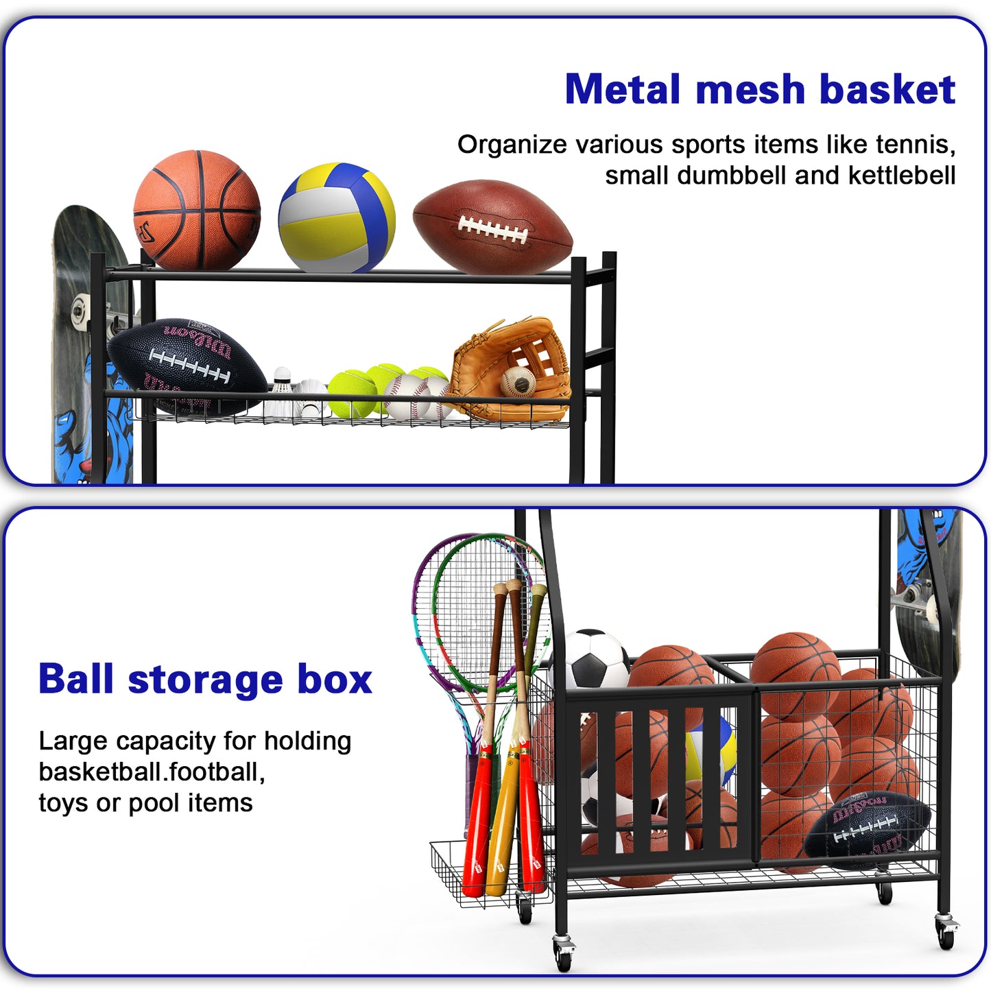 Garage Storage System, Garage Organizer with Baskets and Hooks, Sports Equipment Organizer for Sports Gear/Toys