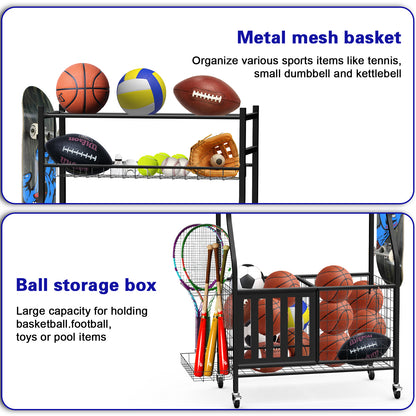 Garage Storage System, Garage Organizer with Baskets and Hooks, Sports Equipment Organizer for Sports Gear/Toys