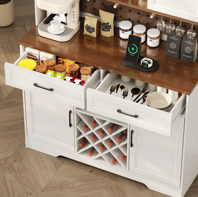 72" Kitchen Storage Cabinet with Power Outlet & LED Light, Coffee Bar Cabinet with Drawers & Wine Glass Rack,Sideboard for Home,White