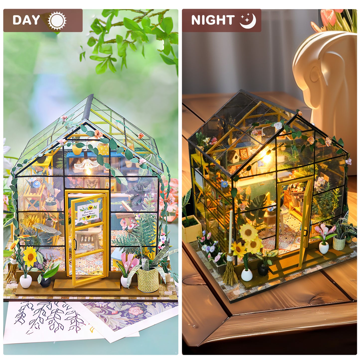 Crtynell Diy Miniature Dollhouse Kit, Green House With Furniture And Led Lights, Wooden Dollhouse Kit, Best Birthday And Christmas Gifts For Women And Girls (Cathy'S Flower House)