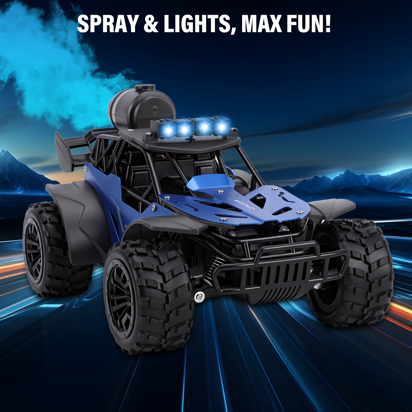 FAGINEY RC Cars with Spray Function 1:18 Off-Road Vehicle with LED Lights, 2 Batteries Included, Remote Control Toy Gift for Kids Adults, Blue