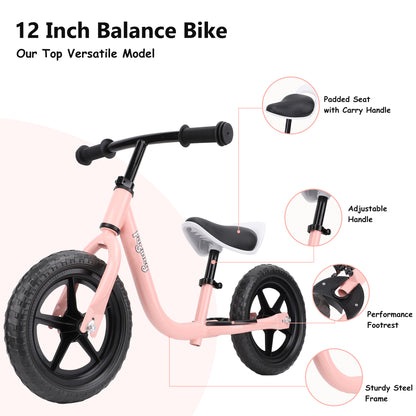 12-Inch Balance Bike No Pedal Lightweight Bike for Boys Girls 1.5 to 4 Years Old, Toddler Bike with Adjustable Seat, Carry Handle
