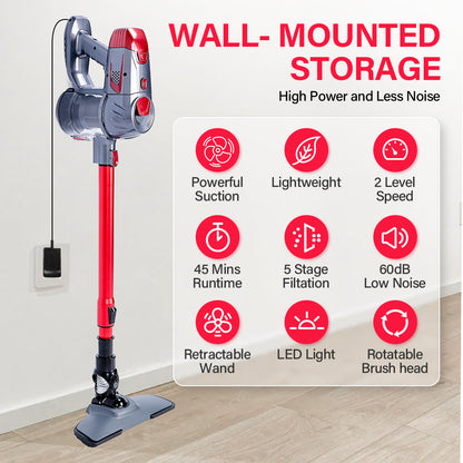 Cordless Vacuum Cleaner, Stretchable 9 In 1 Stick Vacuum with Mite Removal Brush, 15KPA Powerful Suction Vacuum with 2200mAh Detachable Battery & Wall Hanging Holder