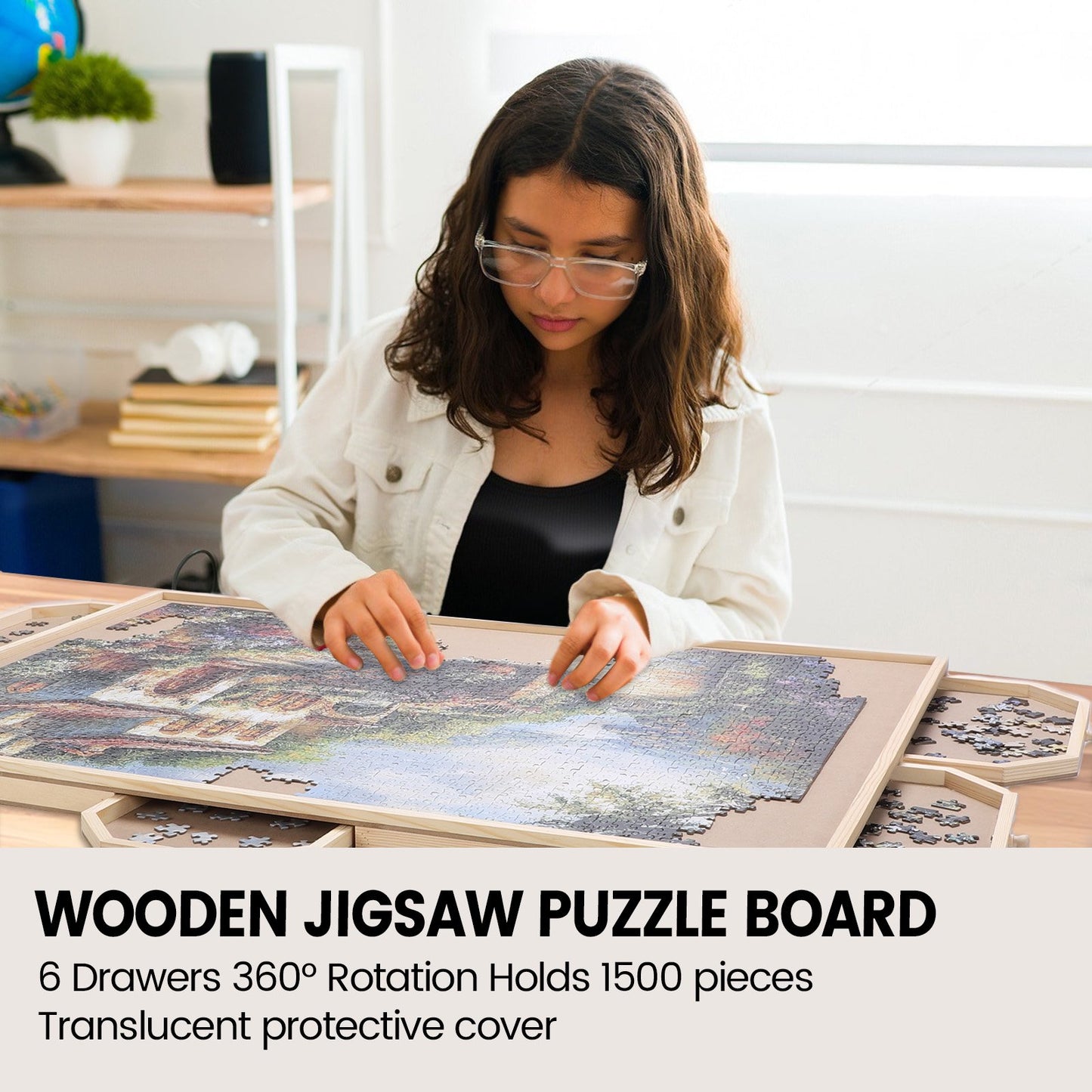 1500 Piece Puzzle Board With Drawers And Cover, 34" X 26" Wooden Rotating Jigsaw Puzzle Table, Spinning Puzzle Boards For Adults And Kids