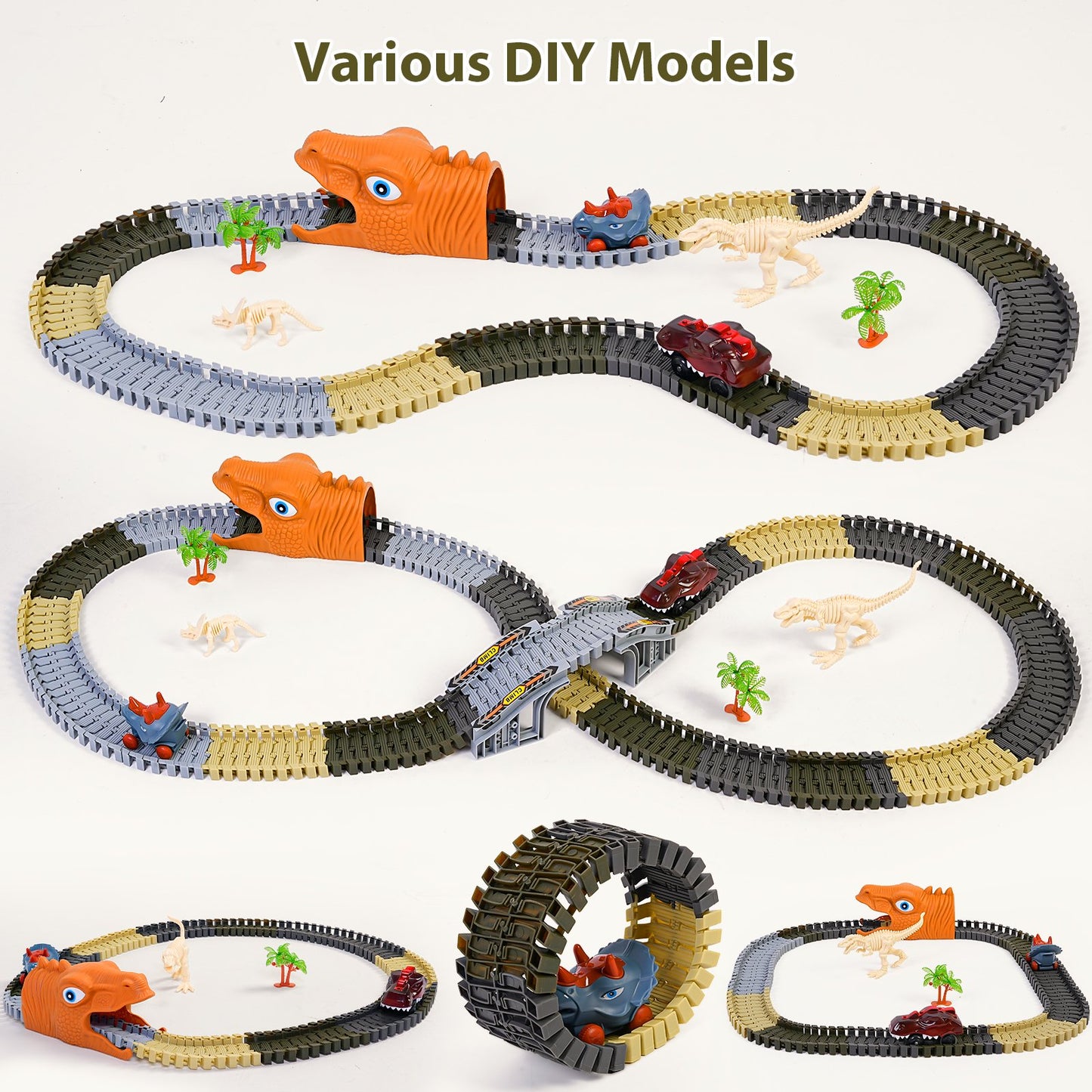 Dinosaur Toys Race Car Dinosaur Track Set For Kids, 271 Pcs Flexible Stem Playset Christmas Gifts For 3 4 5 6 7 8 Boys Girls