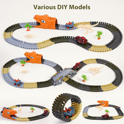 Dinosaur Toys Race Car Dinosaur Track Set For Kids, 271 Pcs Flexible Stem Playset Christmas Gifts For 3 4 5 6 7 8 Boys Girls