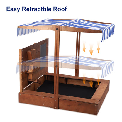 Wooden Sandbox with Cover, Sand Pit With Adjustable Cover & Sand Funnel & Drawing Board, Kids Outdoor Sand Box Play For Backyard, Garden, Beach, Outdoor Patio