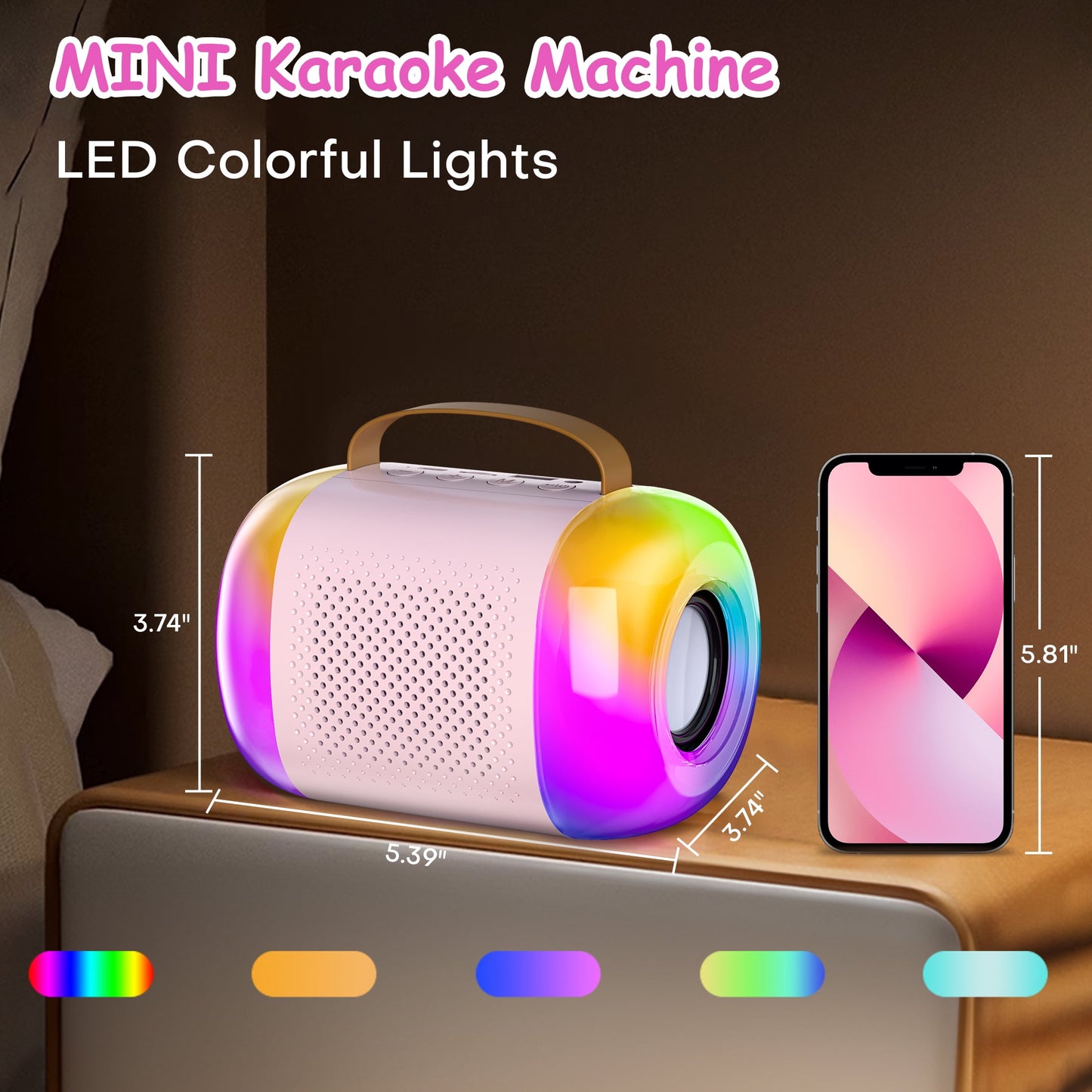 Karaoke Machine for Kids Adults, Mini Portable Karaoke Speaker with 2 Wireless Bluetooth Microphones & 2 Charging Cables, LED Lights, Birthday Gifts for Girls Ages 3-12 Toddler Toys, Pink