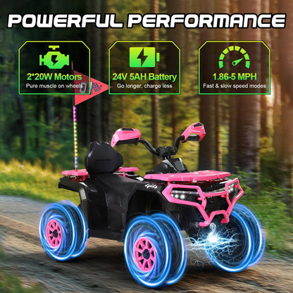 Kids ATV 4 Wheeler, 24V Ride on Toys with 2 Seater, Electric Car w/ Bluetooth/MP3 ,and Flag,Rose