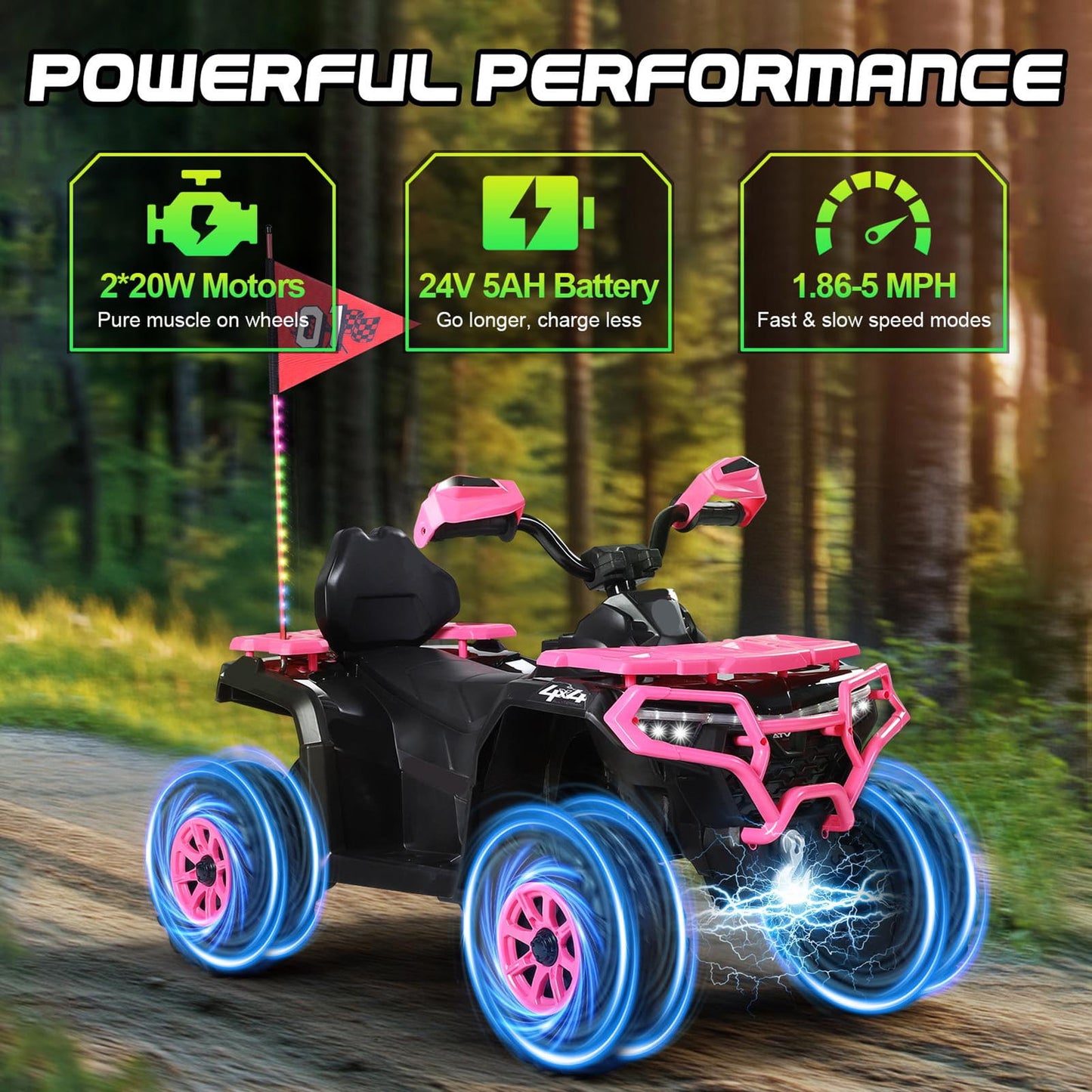 Kids ATV 4 Wheeler, 24V Ride on Toys with 2 Seater, Electric Car w/ Bluetooth/MP3 ,and Flag,Rose