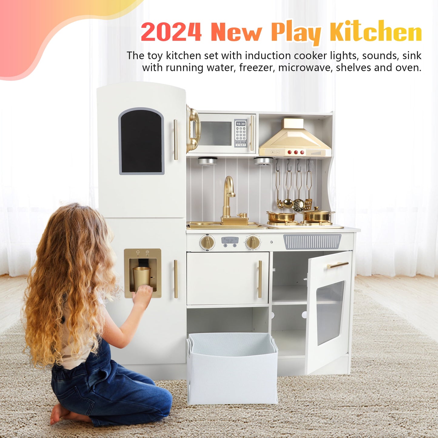 Wooden Kids Kitchen Playset with Running Water Lights & Sound, Play Kitchen Pretend Play Toy Set for Toddler 3-6 Years Old