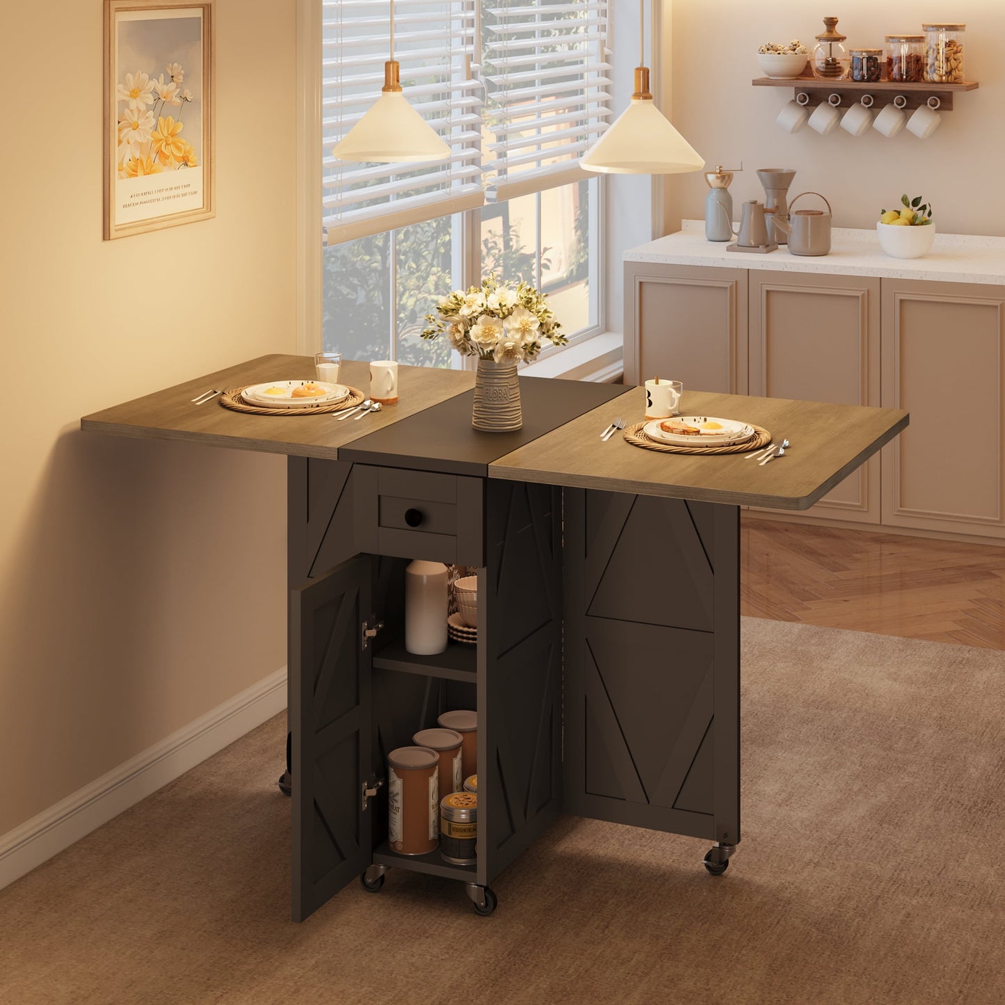 LAFGUR Folding Dining Table with 2 Storage Racks,Drop Leaf Tables with 6 Wheels,Multifunction Expandable Table for Kitchen,Bedroom,Living Room