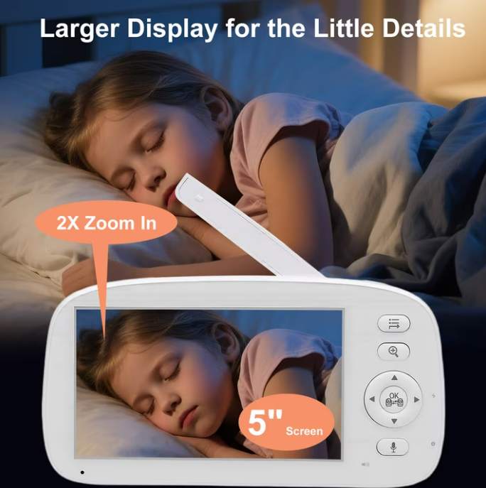 Baby Monitor No WiFi Upgrade with Camera and Audio 5 Inch LCD Screen 720P with 360° Pan Tilt 2X Zoom Night Vision 35hrs Standby Time for Multi Room Monitoring