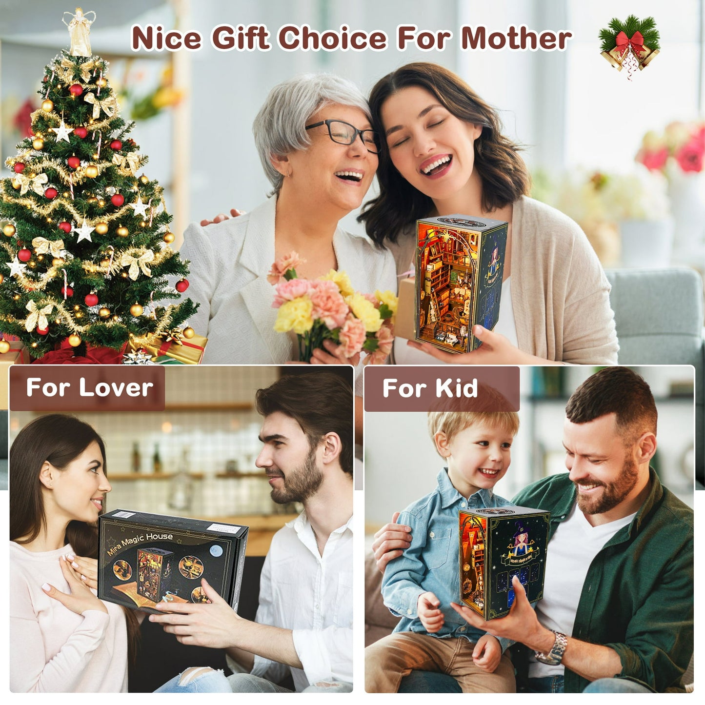 Crtynell Book Nook Kit Diy Miniature House, Wooden Bookshelf Magic House Miniature Kit With Led Light Decorative Bookends, Best Birthday And Christmas Gifts For Women And Girls