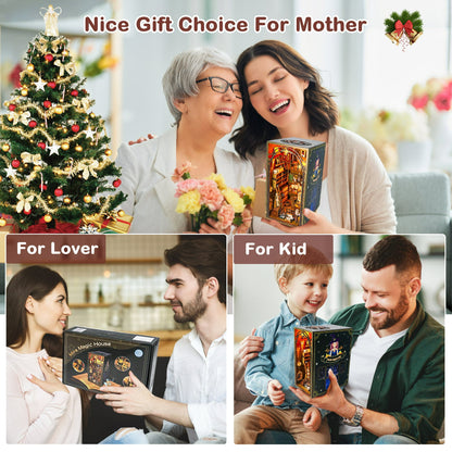 Crtynell Book Nook Kit Diy Miniature House, Wooden Bookshelf Magic House Miniature Kit With Led Light Decorative Bookends, Best Birthday And Christmas Gifts For Women And Girls