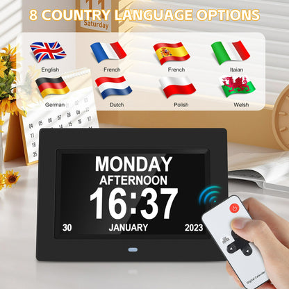Crtynell Digital Day Calendar Clock Multifunctional Extra Large Dementia Digital Clock with 5 Alarms and Medication Reminders Impaired Vision Digital Clock (7" Black)
