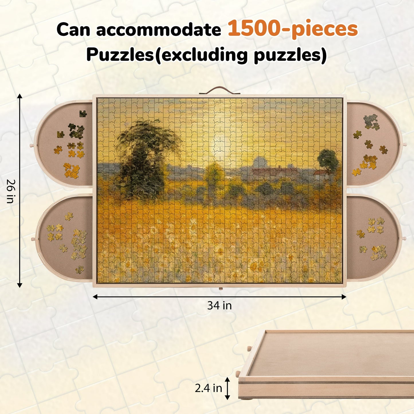 Crtynell 1500 Piece Puzzle Board With Drawers And Cover, 34" X 26" Wooden Rotating Jigsaw Puzzle Table, Spinning Puzzle Boards For Adults