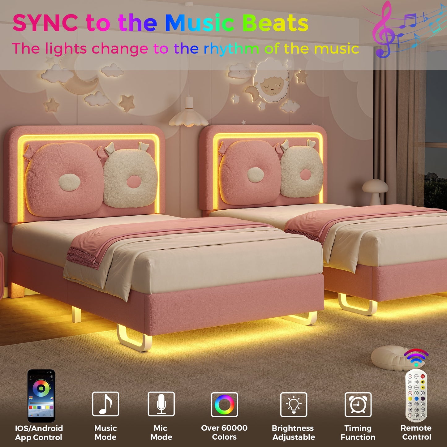 LAFGUR Twin Size Upholstered Bed Frame with LED Lights,Boucle Princess Platform Bed with Adjustable Headboard and Removable Pillows