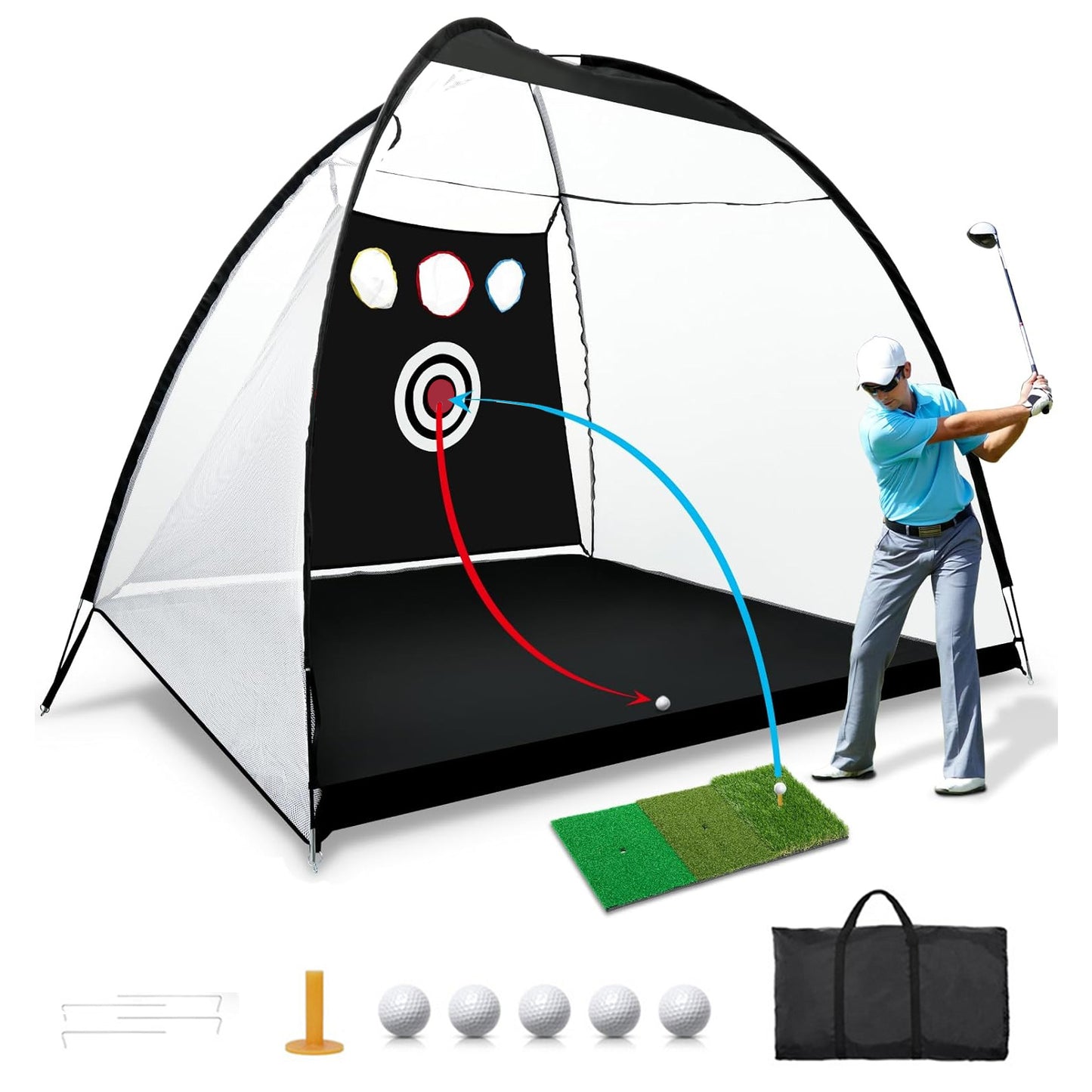 Golf Net, 10x7ft Durable Golf Practice Net for Backyard Driving & Garage - All-in-1 Golf Hitting Net with Golf Mat, Golf Balls, Golf Tee, and Carry Bag for Training