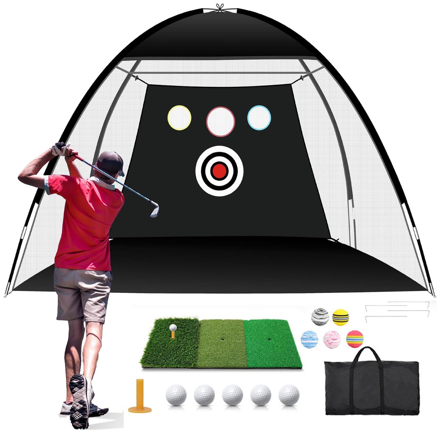Golf Net, 10x7ft Durable Golf Practice Net for Backyard Driving & Garage - All-in-1 Golf Hitting Net with Golf Mat, Golf Balls, Golf Tee, and Carry Bag for Training