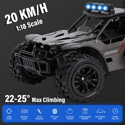 FAGINEY RC Cars with Spray Function 1:18 Off-Road Vehicle with LED Lights, 2 Batteries Included, Remote Control Toy Gift for Kids Adults, Grey