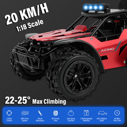 FAGINEY RC Cars with Spray Function 1:18 Off-Road Vehicle with LED Lights, 2 Batteries Included, Remote Control Toy Gift for Kids Adults, Red