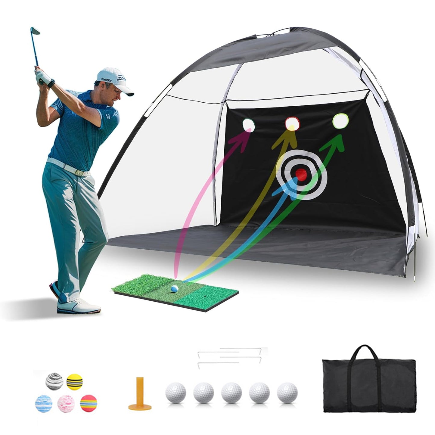 Golf Net, 10x7ft Durable Golf Practice Net for Backyard Driving & Garage - All-in-1 Golf Hitting Net with Golf Mat, Golf Balls, Golf Tee, and Carry Bag for Training