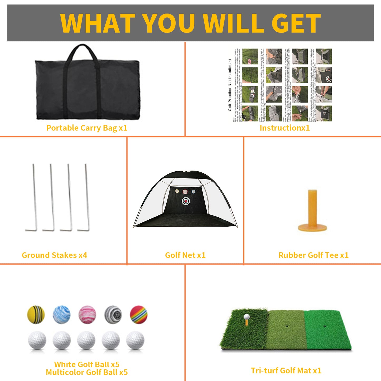 Golf Net, 10x7ft Durable Golf Practice Net for Backyard Driving & Garage - All-in-1 Golf Hitting Net with Golf Mat, Golf Balls, Golf Tee, and Carry Bag for Training