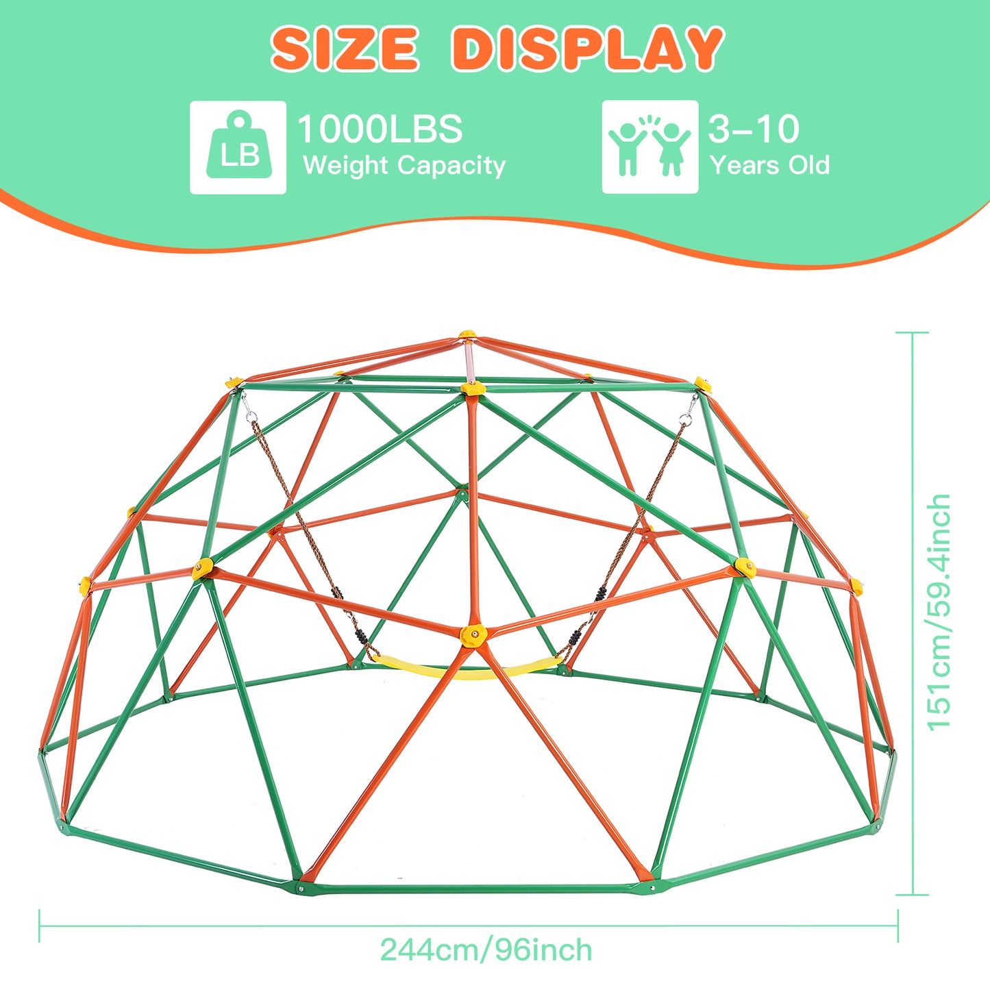 10FT Jungle Gym, Climbing Dome with Hammock & Swing, Outdoor Play for Kids 3-12,Backyard Toy