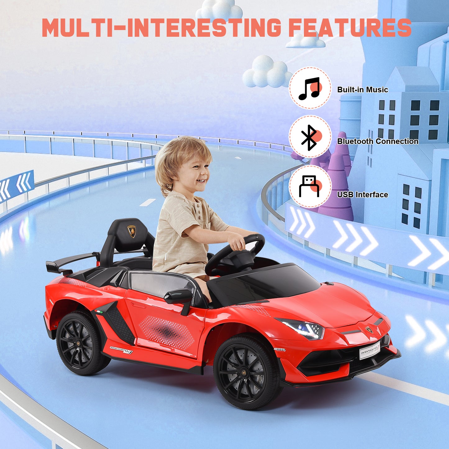 Electric Car for Kids 12V Licensed Lamborghini Sports Car ,Kids Toys with Remote Control, MP3 Player, LED Headlights & Hydraulic Doors