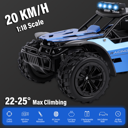 FAGINEY RC Cars with Spray Function 1:18 Off-Road Vehicle with LED Lights, 2 Batteries Included, Remote Control Toy Gift for Kids Adults, Blue