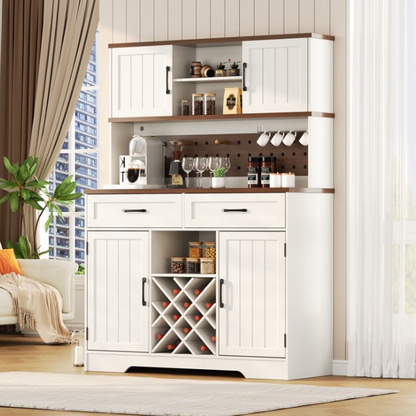 72" Kitchen Storage Cabinet with Power Outlet & LED Light, Coffee Bar Cabinet with Drawers & Wine Glass Rack,Sideboard for Home,White