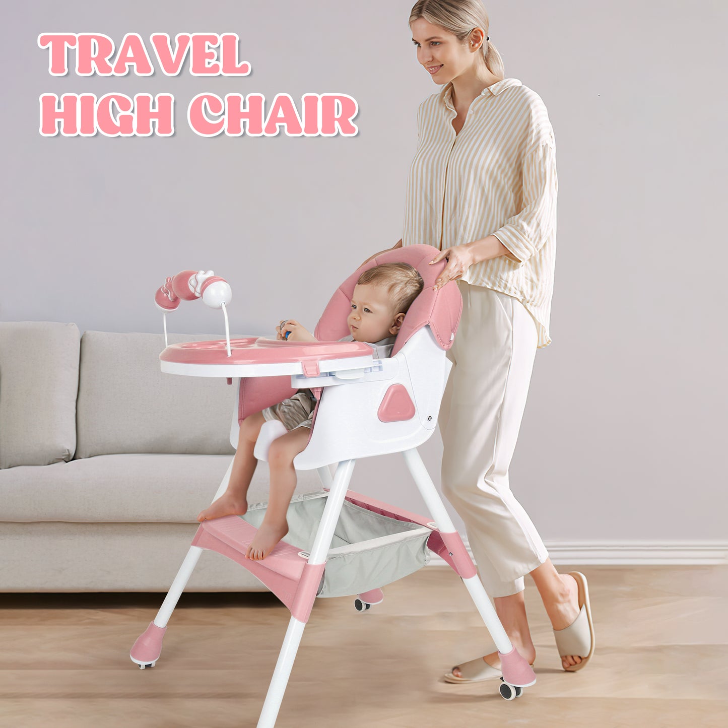 Loewten 4-in-1 Baby High Chair,Portable Folding Dining Chairs with Adjustable Height for Baby and Toddlers,Eat & Play with Five-Point,Pink