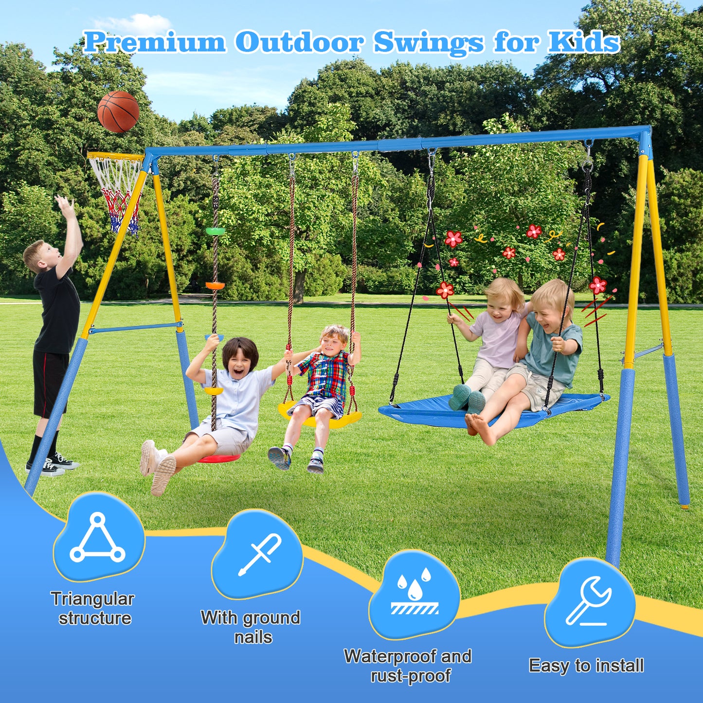 4 in 1 Swing Set,Outdoor Play for Kids,Saucer Swing,Climbing Rope Swing,and Basketball Hoop