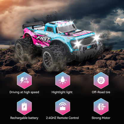 DOMQGA Remote Control Car for Boys Girls,1:20 Off Road RC Car with Cool Lights,2.4 GHz RC Monster Truck All Terrains Electric Toy Car with 2 Rechargeable Batteries