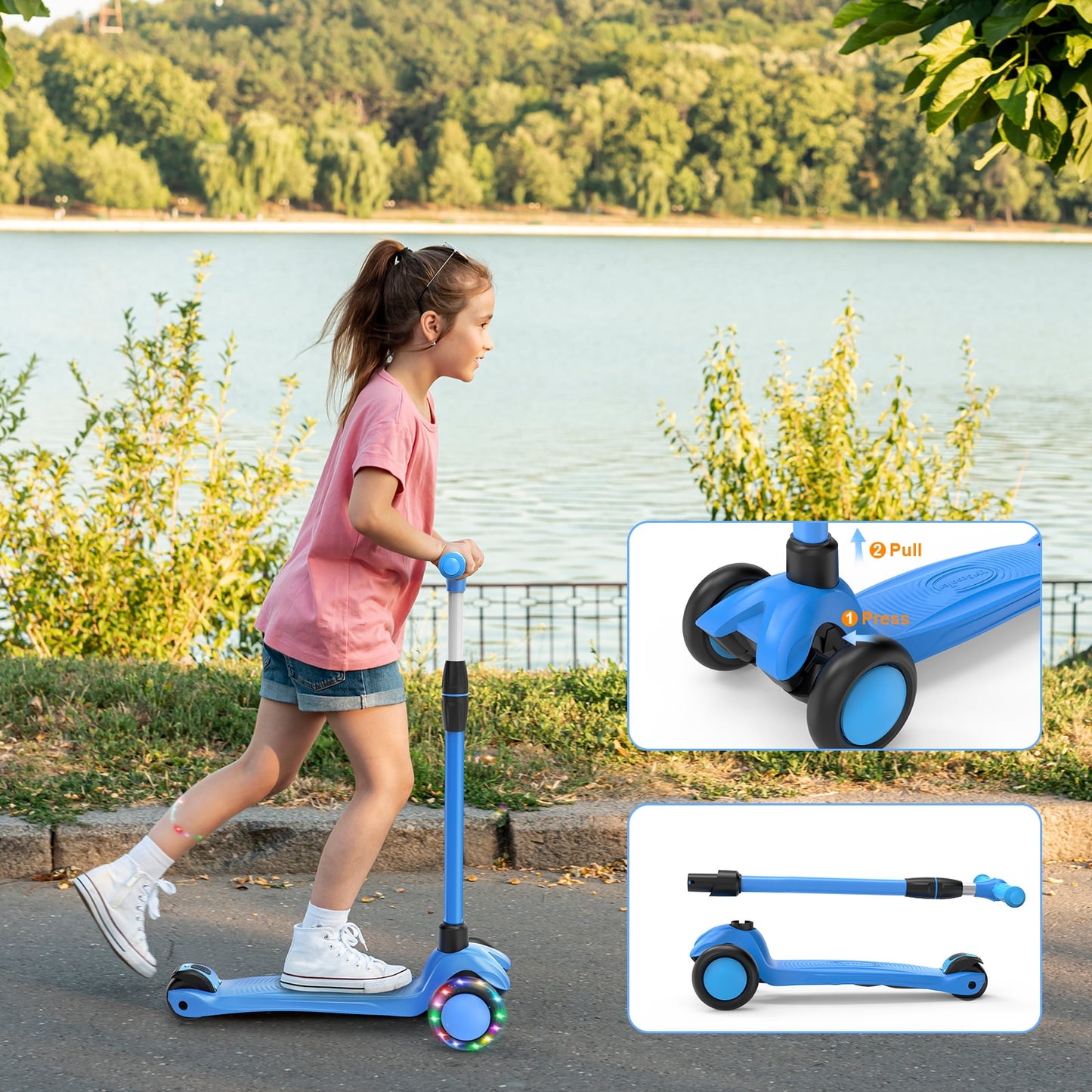 SPPTTY Kick Scooter with 3 LED Lighted Wheels and 3 Adjustable Height Handlebars ,Folding Kids Scooter with Lean-to-Steer & Widen Anti-Slip Deck for Boys/Girls Ages 2-12