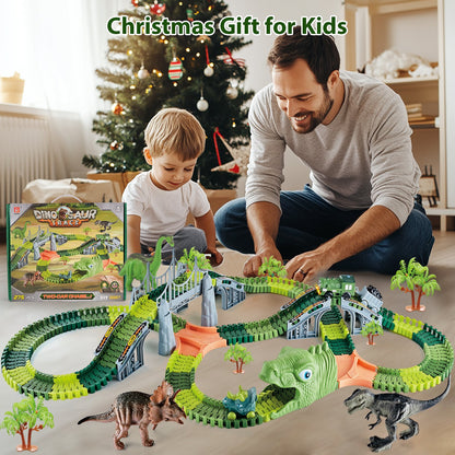 Dinosaur Toys Race Car Dinosaur Track Set For Kids, 275 Pcs Flexible Stem Playset Christmas Gifts For 3 4 5 6 7 8 Boys Girls