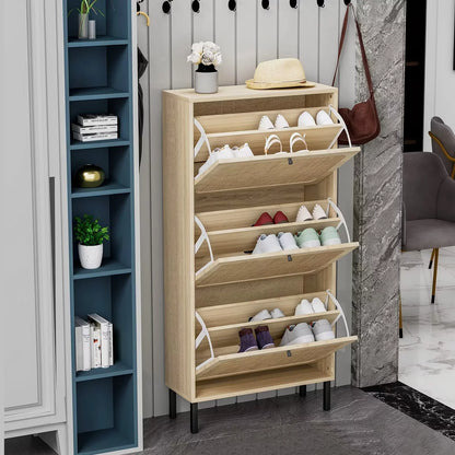 3 Flip Drawer Shoe Cabinet Natural Rattan Organizer Freestanding Wooden Shoe Rack Storage Cabinet with Wood Legs for Entryway Hallway Bedroom Mudroom-6286201371