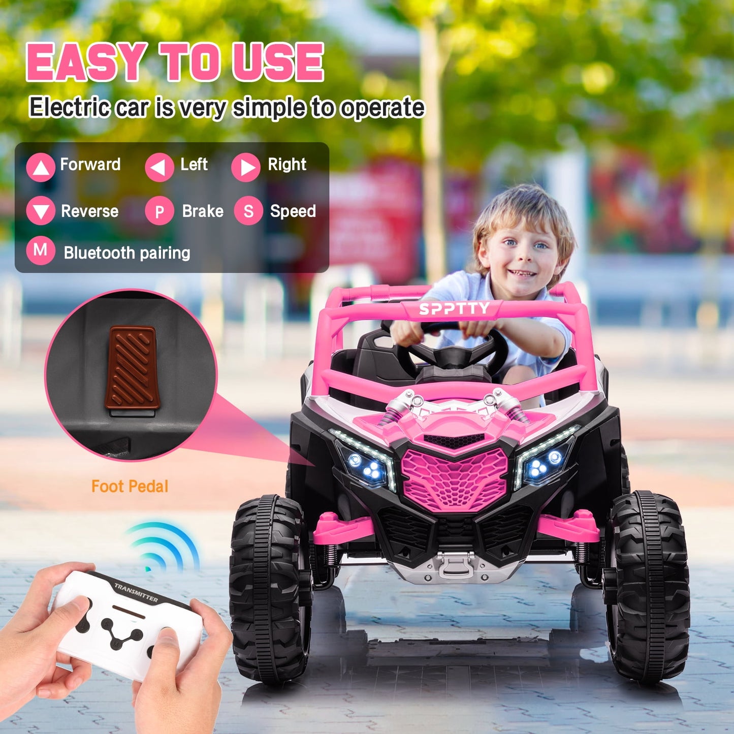 SPPTTY 24V Ride on Toys with Remote Control,4WD Ride on Car for Kids, Electric UTV with PU Leather 2 Seater,3-8Years