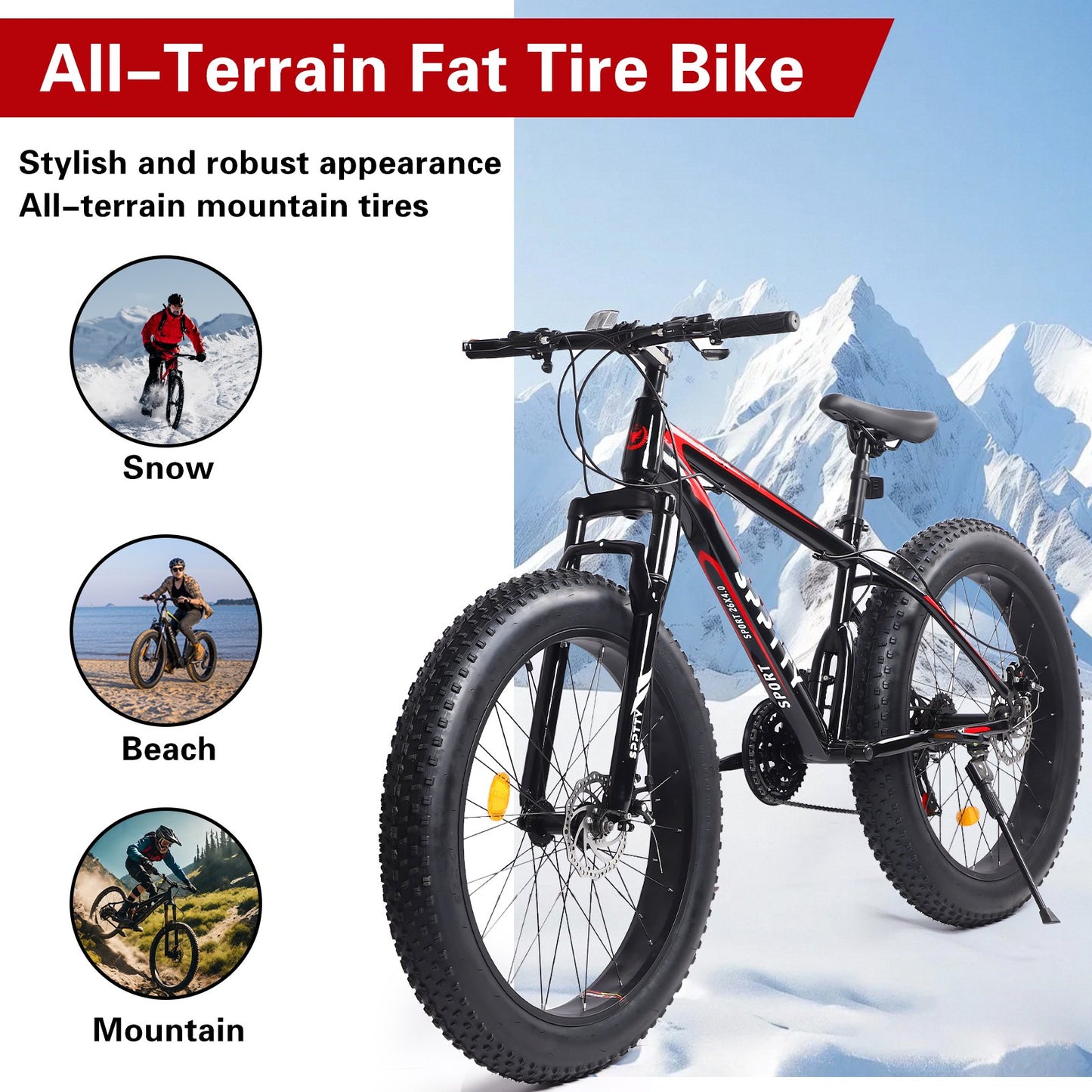 26" Fat Tire Mountain Bike,4" Non-Slip Wide Tires with 21 Speed,Dual Disc Brakes,Bicycle for Men and Women