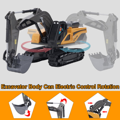 Remote Control Excavator Toys with Metal Shovel & Lights, 8 Channel RC Truck Rechargeable Tractor Toy Gift for Boys Girls Kids 3-8 Years Old