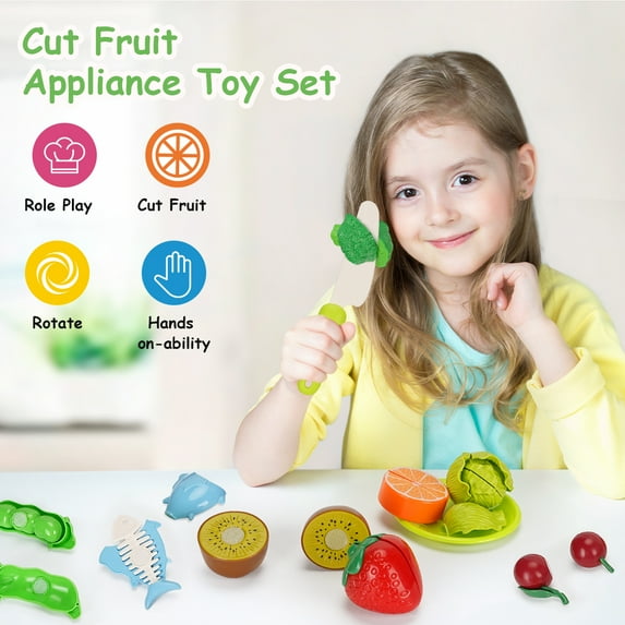 KALNUR 22 Pcs Pretend Food Play Food Cutting Set for Kids, Cuttable Fruits and Vegetables Toy Kitchen Accessories with Cutting Board, Educational and Birthday Gift for Toddlers, Kids, Boys, Girls
