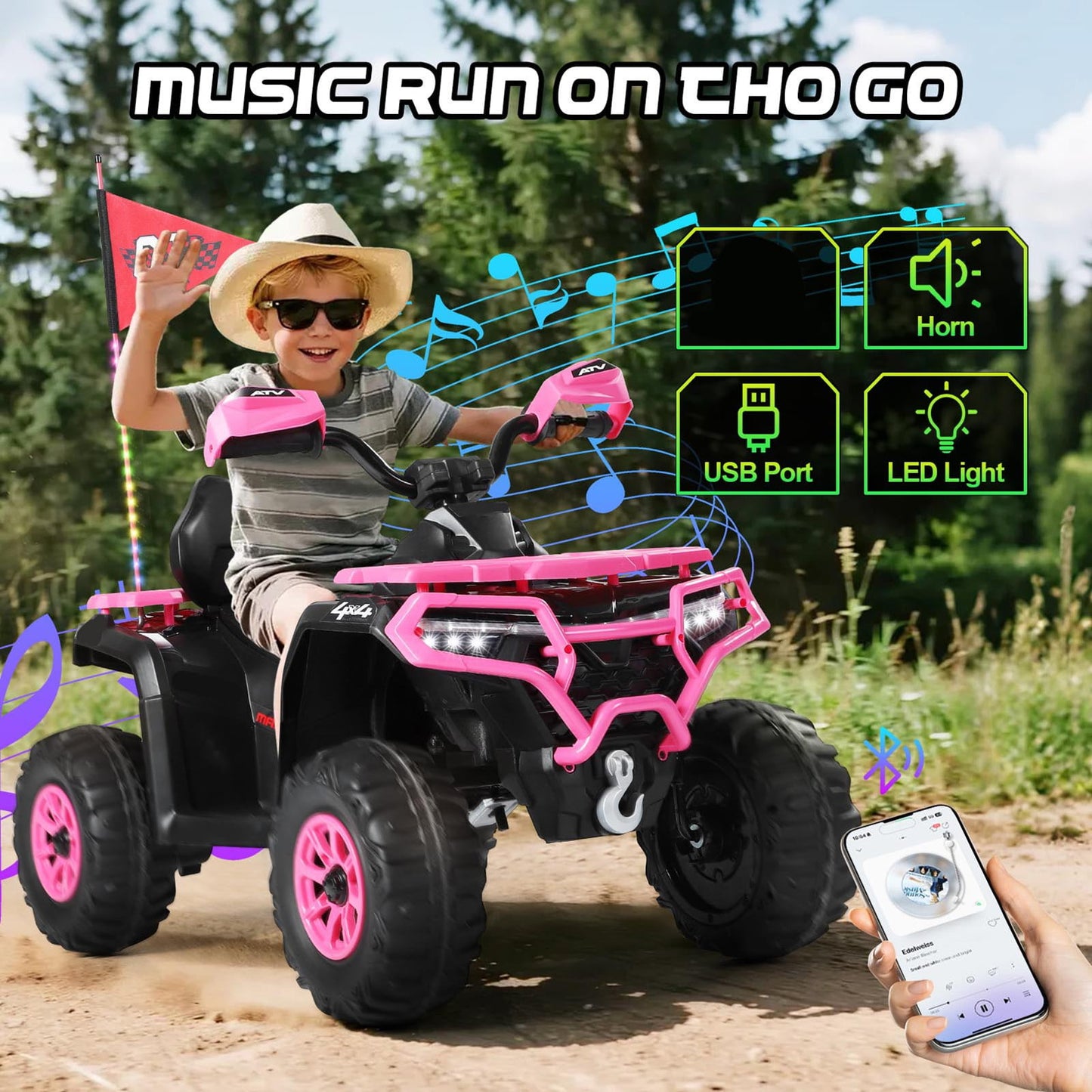 Kids ATV 4 Wheeler, 24V Ride on Toys with 2 Seater, Electric Car w/ Bluetooth/MP3 ,and Flag,Rose