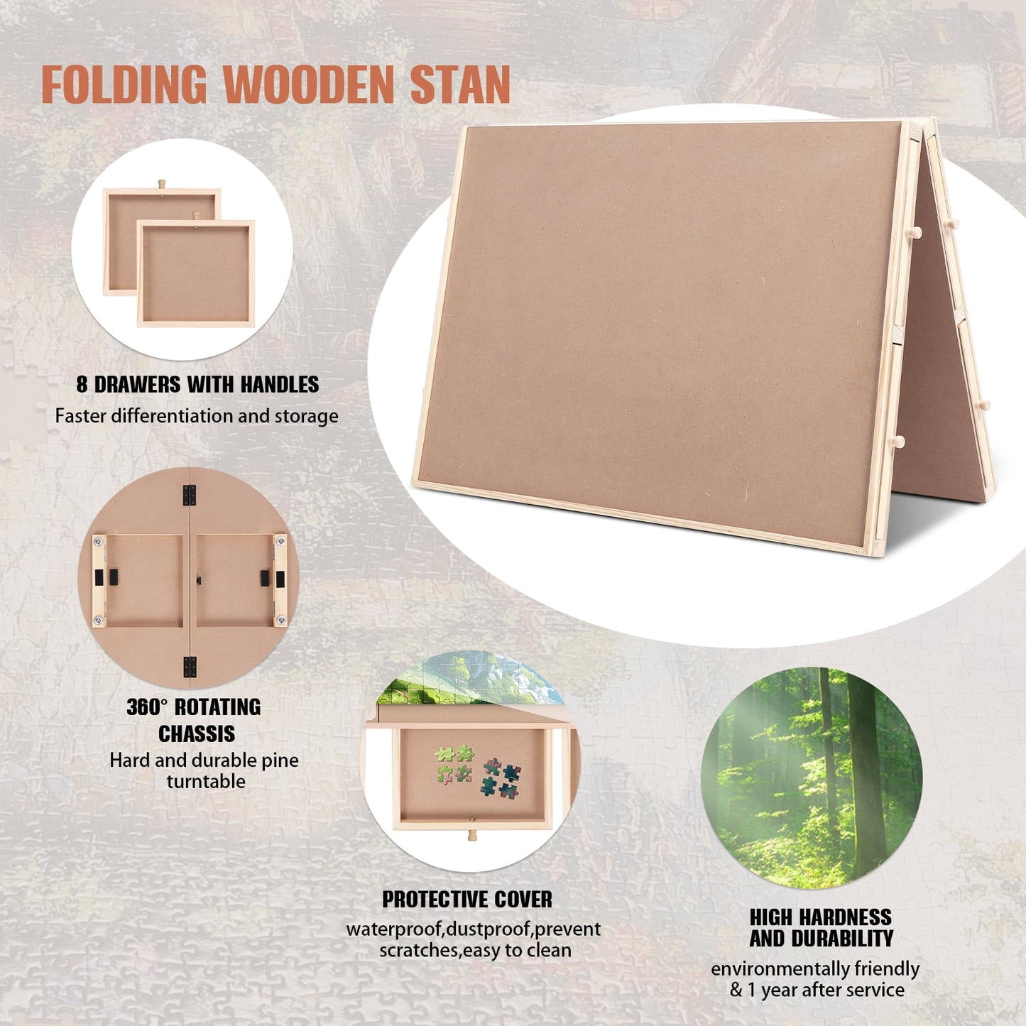 1500 Piece Puzzle Board With Cover And 8 Drawers , 34" X 26" Wooden Rotating Jigsaw Puzzle Table, Fold Spinning Puzzle Boards For Adults