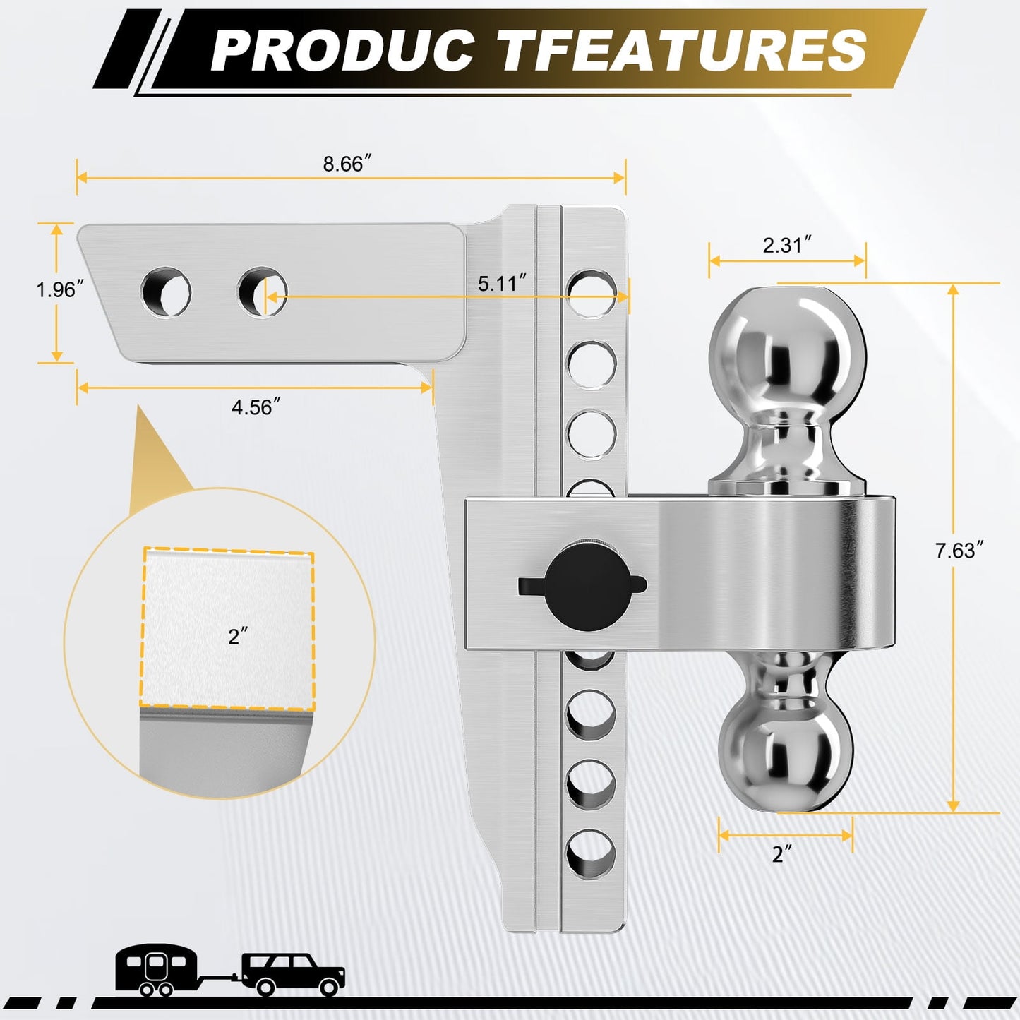 Adjustable Trailer Hitch, Fit For 2 Inch Receiver, 8-Inch Drop/Rise, Aluminum Drop Hitch, 12,500 Lbs Gtw - Tow Hitch For Trailer, Stainless Steel Tow Balls (2" & 2-5/16"&1-7/8") With Trailer Lock