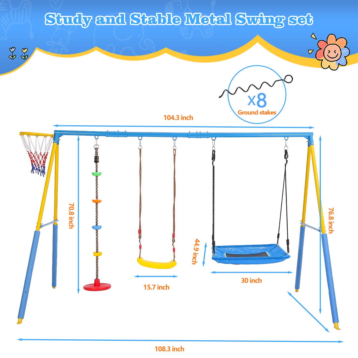 4 in 1 Swing Set,Outdoor Play for Kids,Saucer Swing,Climbing Rope Swing,and Basketball Hoop