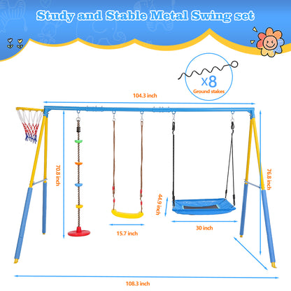 4 in 1 Swing Set,Outdoor Play for Kids,Saucer Swing,Climbing Rope Swing,and Basketball Hoop